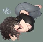  1girl agawa_ryou breasts curly_hair large_breasts looking_at_viewer lying on_side pants shirt solo stomach 