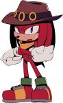  1boy animal_nose bandana body_fur bottomless brown_headwear brown_vest cowboy_hat crossed_arms digimin full_body furry furry_male gloves half-closed_eye hat jewelry knuckles_the_echidna long_hair looking_at_viewer male_focus nervous non-web_source official_art open_clothes open_mouth open_vest purple_eyes red_footwear red_fur red_hair ring shoes sidelocks sideways_mouth simple_background solo spiked_gloves standing sweat tail the_murder_of_sonic_the_hedgehog transparent_background uneven_eyes vest yellow_bandana yellow_gloves 