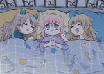  3girls ahoge artist_name blanket brown_hair closed_eyes closed_mouth colored_tips crossed_arms drooling genshin_impact grey_hair indoors kirara_(genshin_impact) lying lynette_(genshin_impact) multicolored_hair multiple_girls nervous on_back on_bed open_mouth pillow pink_hair purple_eyes sangonomiya_kokomi sleeping sweat sweater xinzoruo 