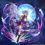  1girl boots brown_footwear dress feathered_wings feathers full_moon grey_hair grey_jacket hair_between_eyes highres jacket kishin_sagume long_sleeves misekiss moon official_art open_clothes open_jacket open_mouth purple_dress red_eyes short_hair single_wing solo touhou touhou_arcadia_record white_wings wings 