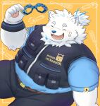  2023 absurd_res anthro belly big_belly blush bottomwear canid canine canis clothing domestic_dog eyes_closed fur hi_res kemono lifewonders live_a_hero male mammal overweight overweight_male pants shirt solo timaki_z topwear white_body white_fur yohack 