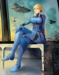  absurdres blonde_hair blue_bodysuit bodysuit breasts chest_harness commentary_request covered_navel crossed_legs full_body hand_on_own_knee harness highres jin_noumi long_hair looking_at_viewer medium_breasts metroid metroid_dread mole mole_under_mouth parted_lips samus_aran sitting spacecraft thigh_strap window zero_suit 