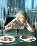  1other alcohol ambiguous_red_liquid androgynous bare_shoulders blonde_hair candle candlestand chain chinyu11988612 dress food hand_on_own_head hunter_x_hunter indoors jewelry kurapika looking_at_viewer red_eyes ring short_hair sleeveless solo upper_body white_dress wine 