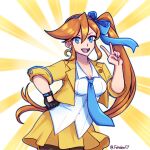  1girl ace_attorney athena_cykes black_gloves blue_bow blue_bowtie blue_eyes blue_necktie bow bowtie breasts crescent dot_nose earrings english_commentary fehden gloves highres jewelry long_hair medium_breasts necktie open_mouth orange_hair phoenix_wright:_ace_attorney_-_dual_destinies smile solo teeth twitter_username v white_background 