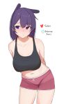  1girl arms_behind_back bare_shoulders black_sports_bra blush breasts closed_mouth collarbone cowboy_shot english_text highres hololive hololive_english koupi_(ku_roiko) ku_roiko large_breasts leaning_forward long_hair meme navel personification pink_shorts purple_eyes purple_hair shorts simple_background solo sports_bra takodachi_(ninomae_ina&#039;nis) twitter_strip_game_(meme) white_background 