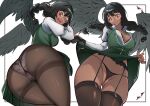  1girl animahakim ass ass_visible_through_thighs black_hair black_panties black_pantyhose black_thighhighs blush border braid breasts brown_eyes commission dark-skinned_female dark_skin dot_nose english_commentary feathered_wings from_below garter_belt garter_straps glasses hair_between_eyes large_breasts lifted_by_self lingerie long_sleeves looking_at_viewer open_mouth original panties pantyhose red_eyes see-through sideboob simple_background solo teeth thick_thighs thigh_gap thighhighs thighs twin_braids twintails underwear upper_teeth_only white_background white_border white_sleeves wings 