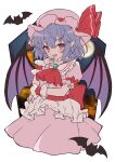  1girl ahase_hino animal ascot bat_(animal) bat_wings blue_hair blush brooch dress fang hair_between_eyes hat hat_ribbon highres jewelry looking_at_viewer mob_cap open_mouth pink_dress pink_headwear pointy_ears purple_wings red_ascot red_eyes red_ribbon remilia_scarlet ribbon short_hair short_sleeves skin_fang smile solo touhou wings wrist_cuffs 