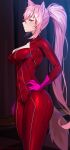  1girl animal_ears bodysuit breasts cosplay covered_navel from_side gloves hakui_koyori hand_on_own_hip high_ponytail highres hololive large_breasts long_hair persona persona_5 pink_gloves pink_hair red_bodysuit solo tail takamaki_anne takamaki_anne_(cosplay) tungsten_(kwfr4544) very_long_hair virtual_youtuber wolf_ears wolf_girl wolf_tail yellow_eyes 