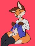  absurd_res anthro atomalfie balls bodily_fluids bottomwear canid canine choker clothed clothing clothing_lift crossdressing cum cum_on_balls fox genital_fluids genitals hi_res jewelry knot legwear looking_at_viewer male mammal necklace penis skirt skirt_lift solo thigh_highs throbbing_penis 