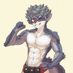  abs anthro aquila_(imoyasu_muteki) asure athletic athletic_male canid canine canis centurion facial_scar fur grey_body grey_fur grey_hair hair hi_res looking_at_viewer male mammal multicolored_body one_eye_closed red_eyes scar simple_background smile solo teeth two_tone_body wink wolf 