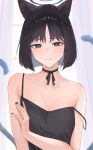  1girl absurdres animal_ear_fluff animal_ears armpit_crease bare_shoulders black_camisole black_choker black_hair blue_archive blunt_ends blush breasts bright_pupils camisole cat_ears cat_tail choker cleavage collarbone commentary_request fingernails halo highres kikyou_(blue_archive) looking_at_viewer nail_polish partial_commentary randouworks short_hair small_breasts solo strap_slip tail upper_body 