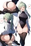  1boy 1girl :d ^_^ ass athletic_leotard black_leotard black_thighhighs blush breasts closed_eyes closed_mouth commentary covered_navel cunnilingus de_lacey_(neural_cloud) english_commentary girls&#039;_frontline_neural_cloud green_hair heart hetero highres jacket large_breasts leotard lividy long_hair multiple_views open_clothes open_jacket oral ponytail sitting_on_face smile spoken_blush spoken_heart standing sweat thighhighs thighs white_jacket 