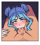  1girl akairiot between_thighs blue_eyes blue_hair deepthroat erection eyelashes face_in_crotch fellatio hairy hands_on_another&#039;s_thighs head_between_thighs hetero irrumatio iru_may_(akairiot) leg_hair long_hair looking_at_viewer makeup male_pubic_hair oral original penis pubic_hair runny_makeup sidelocks thighs 