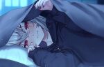  1girl black_hoodie black_nails grey_hair hair_ornament hairclip hood hoodie indie_virtual_youtuber long_hair long_sleeves looking_at_viewer lying nail_polish on_bed on_side pillow red_eyes saruei saruei_(vtuber) scar scar_across_eye under_covers virtual_youtuber 