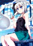  1girl black_camisole black_hairband black_ribbon blue_eyes camisole closed_mouth feet_out_of_frame food green_skirt grey_hair hair_ribbon hairband highres holding holding_food konpaku_youmu konpaku_youmu_(ghost) popsicle ribbon sazanami_mio short_hair skirt solo touhou 