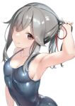  1girl breasts brown_eyes commentary_request grey_hair grey_one-piece_swimsuit grin hair_ribbon highres kantai_collection long_hair one-piece_swimsuit red_ribbon ribbon sakieko school_swimsuit simple_background small_breasts smile solo swimsuit upper_body usugumo_(kancolle) wet wet_clothes wet_swimsuit white_background 