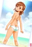  1girl arms_at_sides ass back beach bikini blue_bikini blush border breasts brown_eyes brown_hair checkered_background cloud cloudy_sky cowboy_shot day dutch_angle from_behind light_smile looking_at_viewer looking_back maira_gen misaka_mikoto open_hands parted_bangs parted_lips partially_submerged short_hair sideboob signature sky small_breasts solo standing sun swimsuit tan thighs toaru_kagaku_no_railgun toaru_majutsu_no_index water white_border 