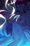  2023 anthro breasts cat_smile digital_media_(artwork) eeveelution female fur generation_6_pokemon gesture glowing glowing_eyes hair hi_res looking_at_viewer navel nintendo nipples nude partially_submerged pink_hair pokemon pokemon_(species) portrait relevancy sitting smile solo sylveon tail three-quarter_portrait v_sign white_body white_fur 