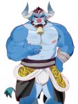  1boy abs absurdres animal_ears bad_id bad_weibo_id bara blue_fur bulge come_hither cow_ears cow_horns feet_out_of_frame forked_eyebrows furry furry_male grabbing_own_pectoral highres horns huge_eyebrows large_bulge large_pectorals looking_at_viewer male_focus male_underwear mature_male minotaur mismatched_nipple_piercing muscular muscular_male navel nipple_piercing nipple_rings nipples original pectorals piercing presenting_pectorals seductive_smile short_hair smile solo stomach strongman_waist underwear veins veiny_arms white_male_underwear zhoye_(nakanoaaww) 