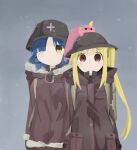  2girls absurdres blonde_hair blue_hair bocchi_the_rock! closed_mouth coat gotou_hitori gotou_hitori_(tsuchinoko) hair_ornament hairclip hat helmet highres ijichi_nijika long_hair long_sleeves multiple_girls naaga_sonomono ponytail red_eyes short_hair shoujo_shuumatsu_ryokou side_ponytail simple_background snowing tsuchinoko winter_clothes yamada_ryou yellow_eyes 