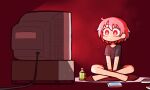  1other ahoge bags_under_eyes black_shirt bottle bright_pupils commentary cushion dvd_case indian_style light_particles lossless-lossy no_nose pink_hair red_background red_eyes sanpaku screen_light shirt sitting solo takurada television v_arms watching_television white_pupils 