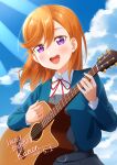  1girl absurdres birthday blue_jacket blue_sky blush cloud cloudy_sky collared_shirt commentary_request dress grey_dress guitar happy_birthday haruharo_(haruharo_7315) highres instrument jacket long_sleeves looking_at_viewer love_live! love_live!_superstar!! medium_hair music neck_ribbon open_mouth orange_hair pinafore_dress playing_instrument purple_eyes red_ribbon ribbon school_uniform shibuya_kanon shirt sky sleeveless sleeveless_dress smile solo sunlight swept_bangs teeth upper_body upper_teeth_only white_shirt yuigaoka_school_uniform 