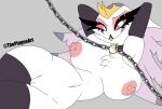  absurd_res anthro avian beak big_breasts breasts crown demon feathers female genitals headgear helluva_boss hi_res mature_female nipple_piercing nipples piercing pussy simple_background smile solo stella_(helluva_boss) theplagueart thick_thighs white_body white_feathers 