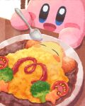  blue_eyes blush_stickers broccoli carrot_slice cherry_tomato curry food food_focus foodification highres holding holding_spoon ketchup kirby kirby_(series) kirby_cafe miclot no_humans omelet omurice open_mouth plate smile spoon table tomato waddle_dee 