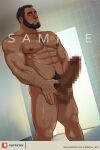  1boy abs arm_hair bara bathroom beard blush censored cerberus_arts character_request chest_hair completely_nude copyright_request crotch_grab dark-skinned_male dark_skin dutch_angle facial_hair feet_out_of_frame full_beard girthy_penis hairy large_pectorals large_penis leg_hair looking_at_viewer looking_down male_focus male_pubic_hair mature_male mosaic_censoring muscular muscular_male mustache_stubble navel_hair nude old old_man paid_reward_available pectorals penis pubic_hair sample_watermark short_hair solo standing sunlight watermark wrinkled_skin 