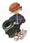  1boy black_pants blue_jacket bowl_cut breast_pocket bubble_blowing chewing_gum commentary earrings hand_in_pocket highres humanlynn inkling inkling_boy jacket jewelry leaning_on_weapon looking_to_the_side male_focus orange_hair pants pocket pointy_ears shirt shoes simple_background sneakers splatoon_(series) splatoon_3 white_background white_footwear white_shirt yellow_eyes 