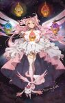  dress floating_hair frilled_dress frills highres kaname_madoka kyubey looking_at_viewer mahou_shoujo_madoka_magica pink_dress pink_hair red_eyes soul_gem space yellow_eyes 