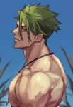  1boy achilles_(fate) blue_sky blurry blurry_background closed_mouth fate/apocrypha fate_(series) from_side green_hair hair_between_eyes haruakira highres jewelry large_pectorals looking_at_viewer male_focus mature_male muscular muscular_male necklace outdoors pectorals red_eyes short_hair sky solo undercut upper_body 