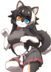  2023 5_fingers anthro black_hair black_nose blue_eyes blush bottomwear breasts canid canine canis claws clothed clothing digital_media_(artwork) domestic_dog ev_(artist) female female_anthro finger_claws fingers fur grey_body grey_fur hair heterochromia hi_res inner_ear_fluff kemono looking_at_viewer mammal midriff multicolored_body multicolored_fur multicolored_hair multicolored_tail navel paw_pose portrait pose red_eyes shiba_inu shorts simple_background solo spitz tail tan_body tan_fur tan_hair three-quarter_portrait tuft white_background white_body white_fur white_hair 