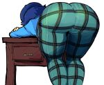  1girl ass ass_focus bent_over blue_hair blue_shirt commentary from_behind green_pants pants persona persona_4 plaid plaid_pants plow_(witch_parfait) shirogane_naoto shirt solo table thighs 
