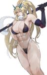  1girl axe bare_shoulders barghest_(fate) battle_axe blonde_hair breasts fairy_knight_gawain_(ice_warrior)_(fate) fate/grand_order fate_(series) gauntlets green_eyes heterochromia highres horns large_breasts long_hair looking_at_viewer memory342 muscular muscular_female red_eyes scarf simple_background single_gauntlet solo thighs weapon white_scarf 