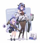  1girl 2girls absurdres ahoge bilibili_xiaolu blue_hair bodystocking bow_(weapon) braid braided_ponytail breasts eyewear_on_head ganyu_(genshin_impact) genshin_impact goat_horns hair_between_eyes highres holding holding_bow_(weapon) holding_weapon horns id_card long_hair looking_at_viewer medium_breasts multiple_girls off_shoulder ofuda orb partially_unzipped purple_eyes purple_hair qiqi_(genshin_impact) shorts sunglasses weapon yin_yang yin_yang_orb 