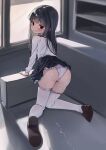  1girl ass black_hair blush highres indoors long_hair long_sleeves panties pantyhose red_eyes solo underwear viq white_panties 