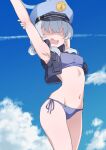  1girl arm_up arms_up bare_arms bare_shoulders bikini blue_archive blue_bikini blue_headwear blue_sky blush breasts cloud cowboy_shot day grey_hair groin hair_between_eyes hat highres jacket matsu520 open_mouth outdoors peaked_cap sky small_breasts solo standing stomach swimsuit valkyrie_police_academy_student 