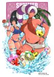  ball beachball black_hair blue_eyes bracelet breasts candy_diamond closed_mouth cocktail_glass cup dark_skin diana_(kof) drinking_glass foxy_(kof) hand_on_own_hip highres ice jewelry long_hair looking_at_viewer multiple_girls navel palm_tree ponytail red_eyes rocohisaya short_shorts shorts snk stomach_tattoo swimsuit tattoo the_king_of_fighters tree white_hair 