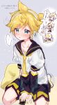  ... 1boy black_sailor_collar black_shorts black_wrist_cuffs blonde_hair blue_eyes blush chibi grey_background headphones highres kagamine_len male_focus multicolored_background necktie pillow sailor_collar sat00e shirt short_sleeves shorts solo sweat translation_request vocaloid white_shirt yellow_background yellow_necktie 