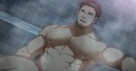  1boy abs bara biceps brown_hair completely_nude cropped facial_hair feet_out_of_frame goatee hair_slicked_back highres large_pectorals long_sideburns looking_at_viewer male_focus mature_male muscular muscular_male navel nipples nude open_mouth original oro9 out-of-frame_censoring outstretched_arm paid_reward_available pectorals short_hair shower_(place) sideburns solo steam stomach stubble sweat thick_eyebrows thick_thighs thighs 