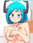  1girl blue_eyes blue_hair blush breasts collarbone completely_nude covered_nipples demon_horns highres horns large_breasts nude original patreon_username solo tobias_wheller 