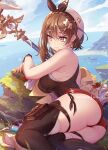  1girl ass atelier_(series) atelier_ryza bare_arms bare_shoulders blush braid breasts brown_gloves brown_hair brown_thighhighs closed_mouth commentary earrings english_commentary feet_out_of_frame from_side gloves hair_ornament hairband hat jewelry large_breasts lying medium_hair mitsu_(mitsu_art) on_side outdoors red_shorts reisalin_stout shirt short_shorts shorts smile solo staff star_(symbol) star_earrings thigh_pouch thigh_strap thighhighs thighs white_headwear white_shirt yellow_eyes 
