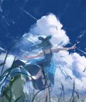  1girl absurdres blue_bow blue_dress blue_hair bow cirno cloud cumulonimbus_cloud day detached_wings dress foot_out_of_frame frog from_behind from_below frozen_frog grass gu0st hair_bow highres ice ice_wings puffy_short_sleeves puffy_sleeves shirt short_hair short_sleeves sky solo standing standing_on_one_leg touhou water white_shirt wings 
