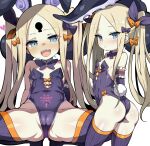  1girl abigail_williams_(fate) absurdres ass black_bow blonde_hair blue_eyes blush bow breasts cameltoe fate/grand_order fate_(series) forehead hair_bow highres long_hair looking_at_viewer multiple_views open_mouth orange_bow parted_bangs shimejinameko sidelocks small_breasts smile twintails 