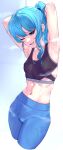  1girl absurdres armpits arms_behind_head blue_eyes blue_hair breasts commentary covered_nipples english_commentary grin highres hololive hoshimachi_suisei looking_at_viewer navel one_eye_closed pants ponytail rat_huang small_breasts smile solo sports_bra sweat virtual_youtuber yoga_pants 