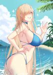  1girl absurdres anandaname asuna_(blue_archive) bikini blonde_hair blue_archive blue_bikini blue_choker blue_eyes blue_nails blue_sky breasts choker cleavage cloud commentary cowboy_shot day grin hair_over_one_eye hand_on_own_hip hand_up highres large_breasts long_hair looking_at_viewer nail_polish pink_lips sky smile solo standing swimsuit thighs very_long_hair water 