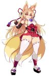  1girl animal_ears blonde_hair breasts commentary_request fox_ears fox_tail full_body hair_between_eyes highres izuna_(shinrabanshou) japanese_clothes karukan_(monjya) large_breasts long_hair multiple_tails red_eyes shinrabanshou simple_background solo standing tabi tail thick_eyebrows thighhighs white_background white_thighhighs 