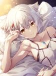  1girl animal_ear_fluff animal_ears bare_shoulders breasts cat_ears chest_jewel closed_mouth collarbone commentary core_crystal_(xenoblade) grey_hair hair_between_eyes highres looking_at_viewer lying medium_breasts mio_(xenoblade) on_bed pillow shirt short_hair sleeveless sleeveless_shirt smile solo ui_frara white_shirt xenoblade_chronicles_(series) xenoblade_chronicles_3 yellow_eyes 