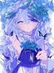  1girl absurdres blue_eyes blue_hair blue_theme blush commentary flower frilled_sleeves frills hair_between_eyes halo highres holding holding_watering_can leaf leaf_on_head long_hair long_sleeves looking_at_viewer omi_(0mi_wof) original parted_lips smile solo symbol-only_commentary twitter_username upper_body watering_can white_flower 